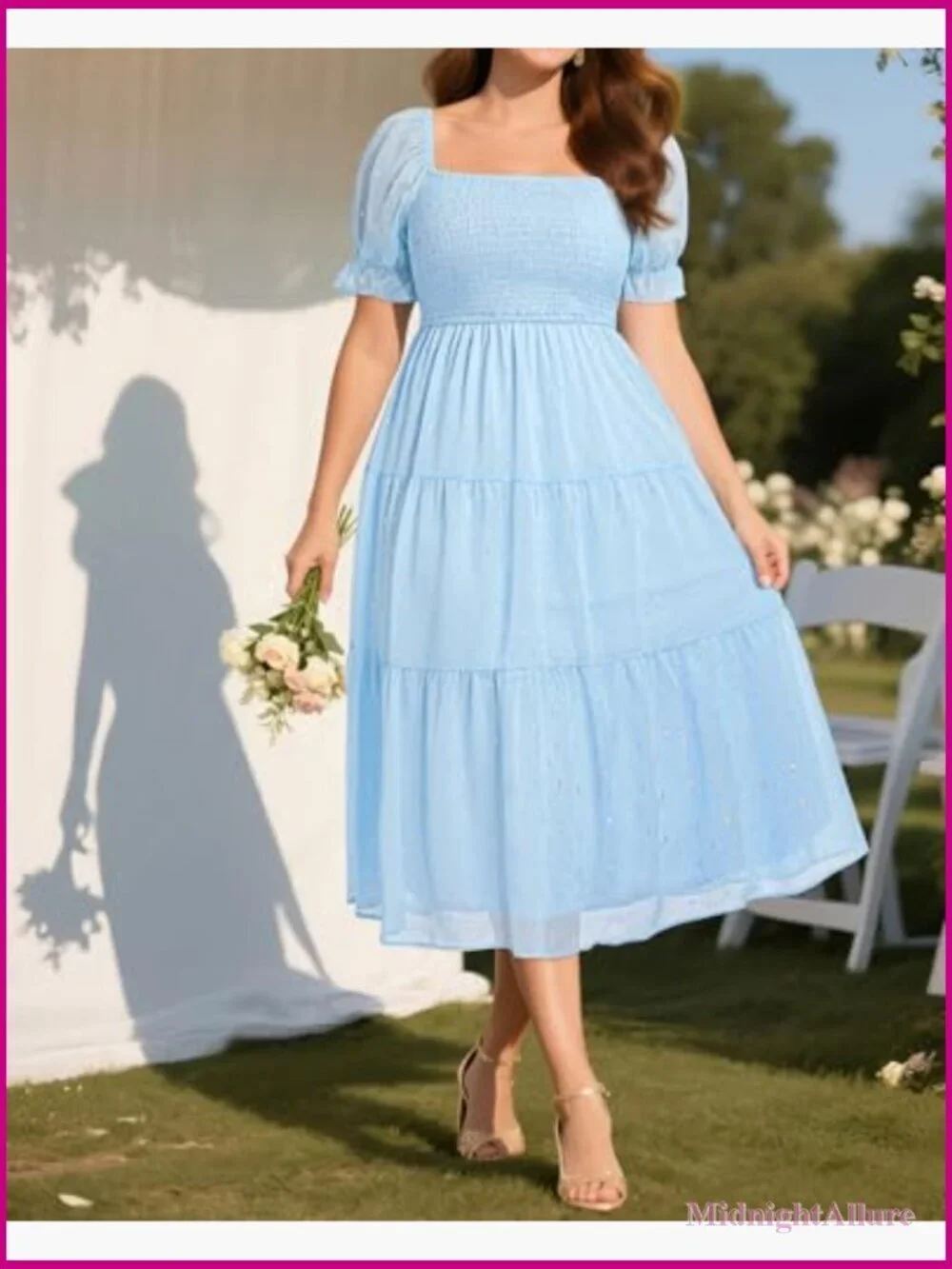 Plus Size Smocked Midi Dress - Square Neck Short Sleeve A-Line Chiffon